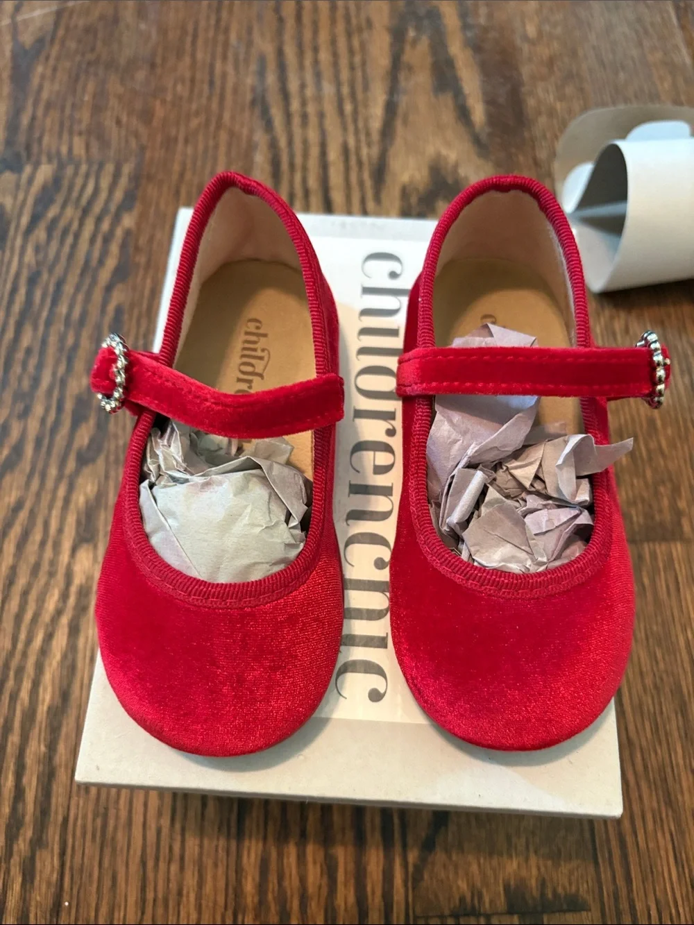 Kids Red Velvet Mary Jane Flats with Crystal Buckle